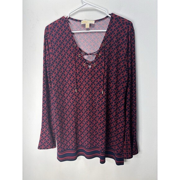 MICHAEL KORS Women’s Rope Print Chain-Lace Bell Sleeve Top Tunic NavyRed, Sz L - Picture 1 of 14